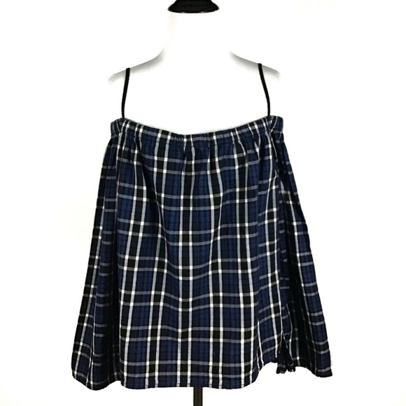 🦋Cloth & Stone Off Shoulder Plaid Blouse Shirt M - Picture 2 of 8